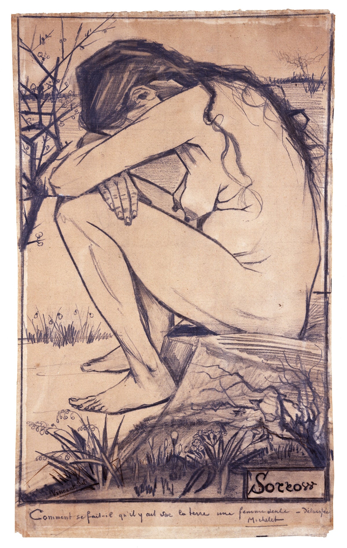 Sorrow de Vincent van Gogh, Sien Hoornik assise et repliée, dessin d’avril 1882