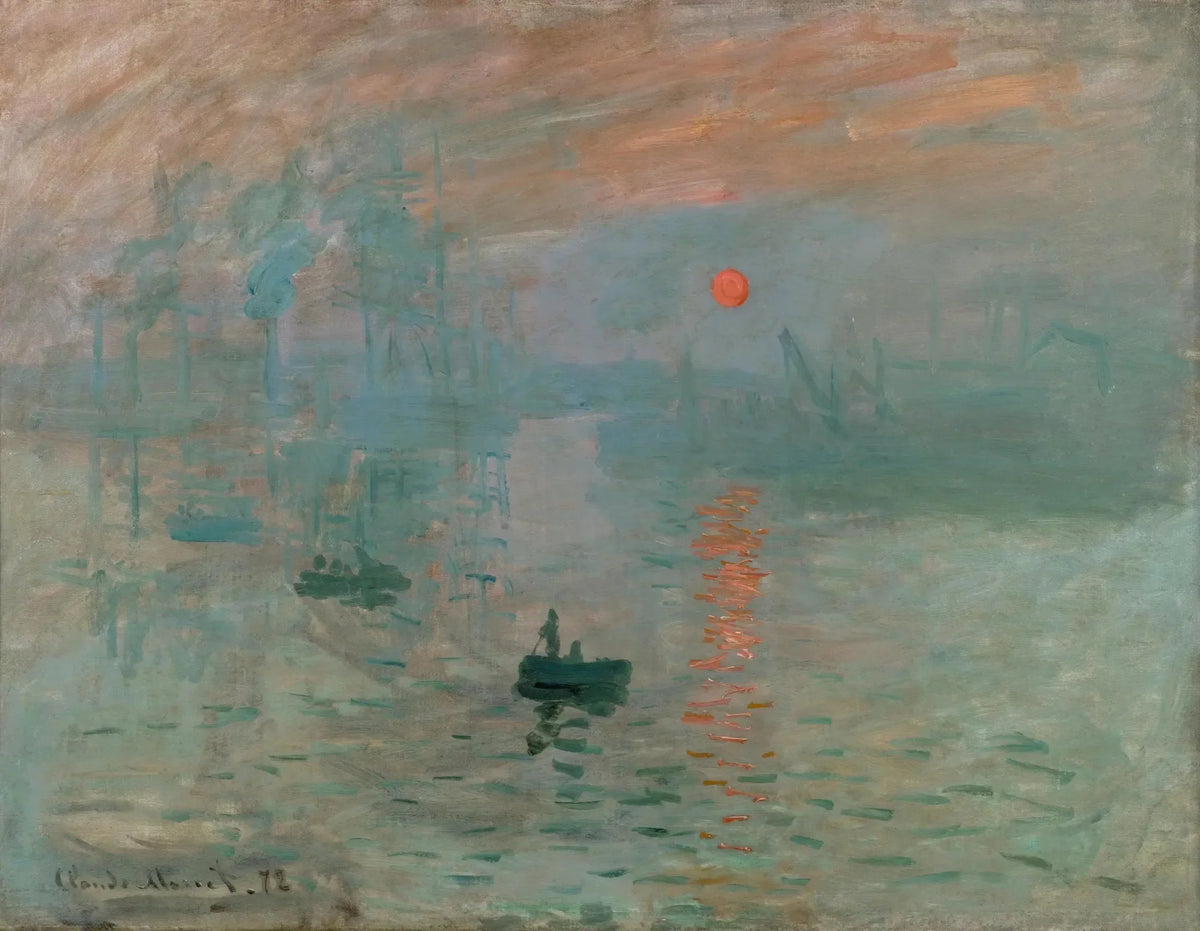 Impression soleil levant de Claude Monet, port du Havre dans la brume et soleil orange