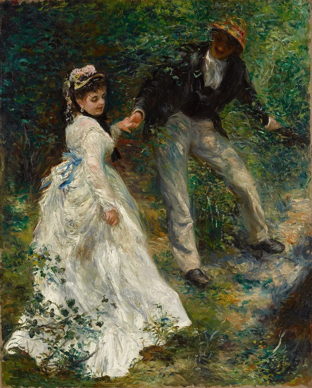 La Promenade de Pierre-Auguste Renoir, couple avançant dans un sous-bois en 1870