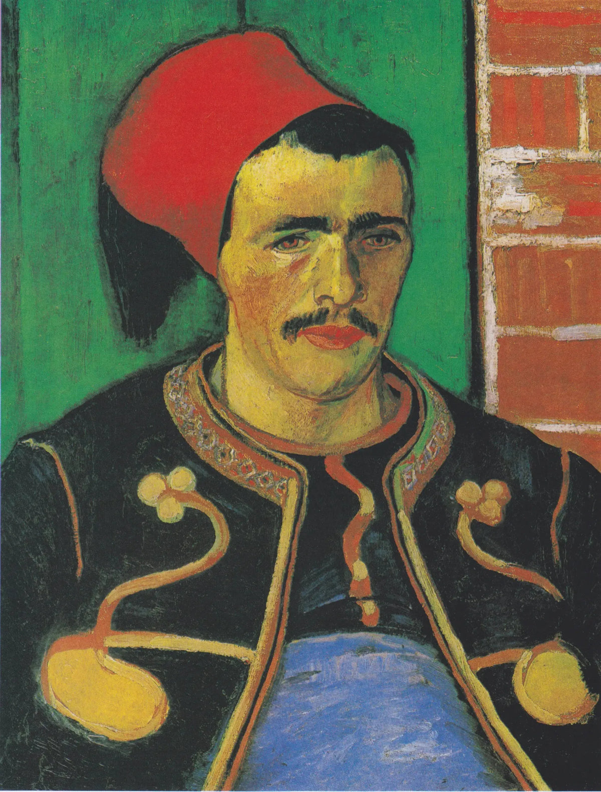 Le Zouave de Vincent van Gogh, portrait avec bonnet rouge, uniforme sombre et fond vert, Arles 1888