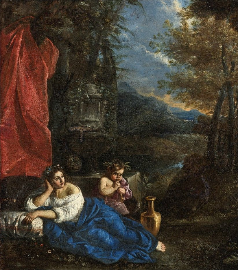 Flore et le jeune Bacchus dans un paysage boisé - Pier Francesco Mola image 1 reproduction d’œuvre d’art à l’huile