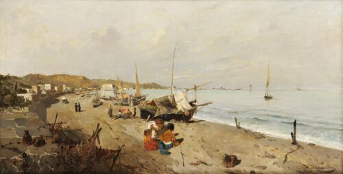 Barques et enfants sur la plage - Konstantinos Volanakis