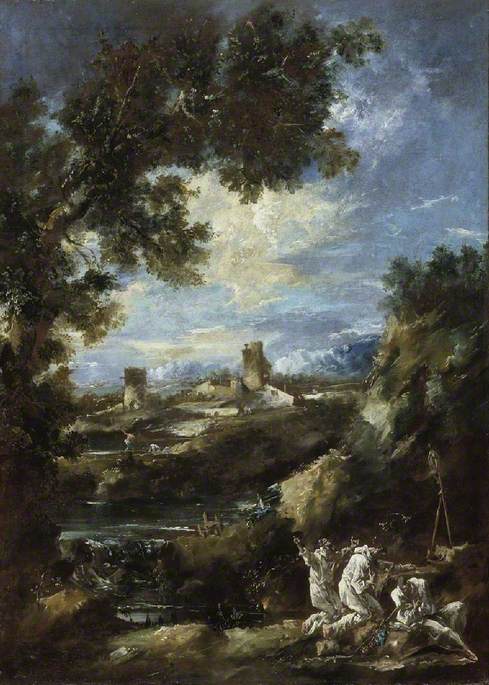 Paysage avec des moines camaldules priant dans un sanctuaire en bord de route - Alessandro Magnasco image 1 copie peinte à la main à l’huile