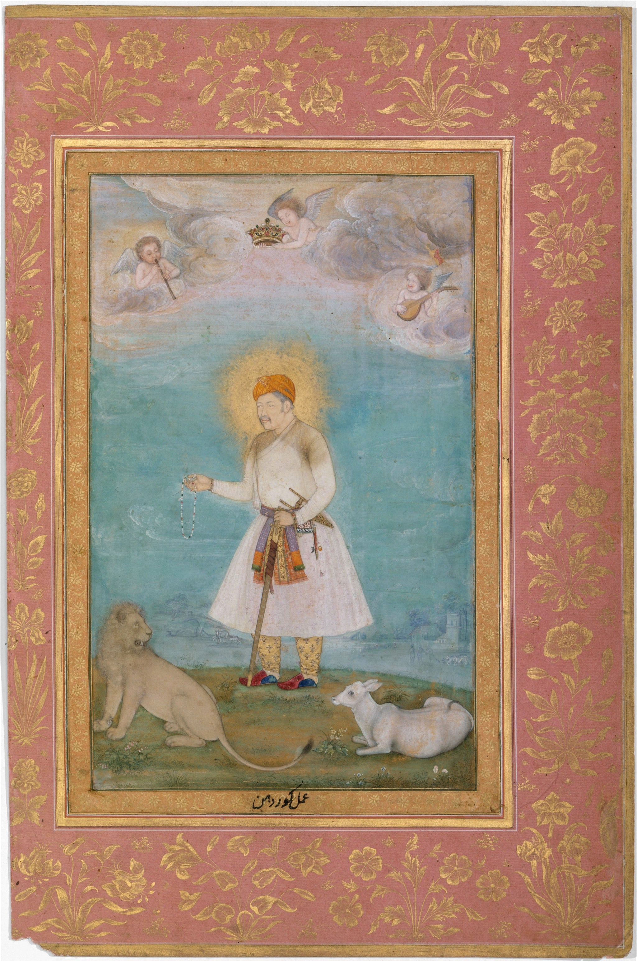 Govardhan, "Akbar With Lion and Calf", Folio from the Shah Jahan Album, verso: ca. 1630; recto: ca. 1530–50, The Metropolitan Museum of Art, New York