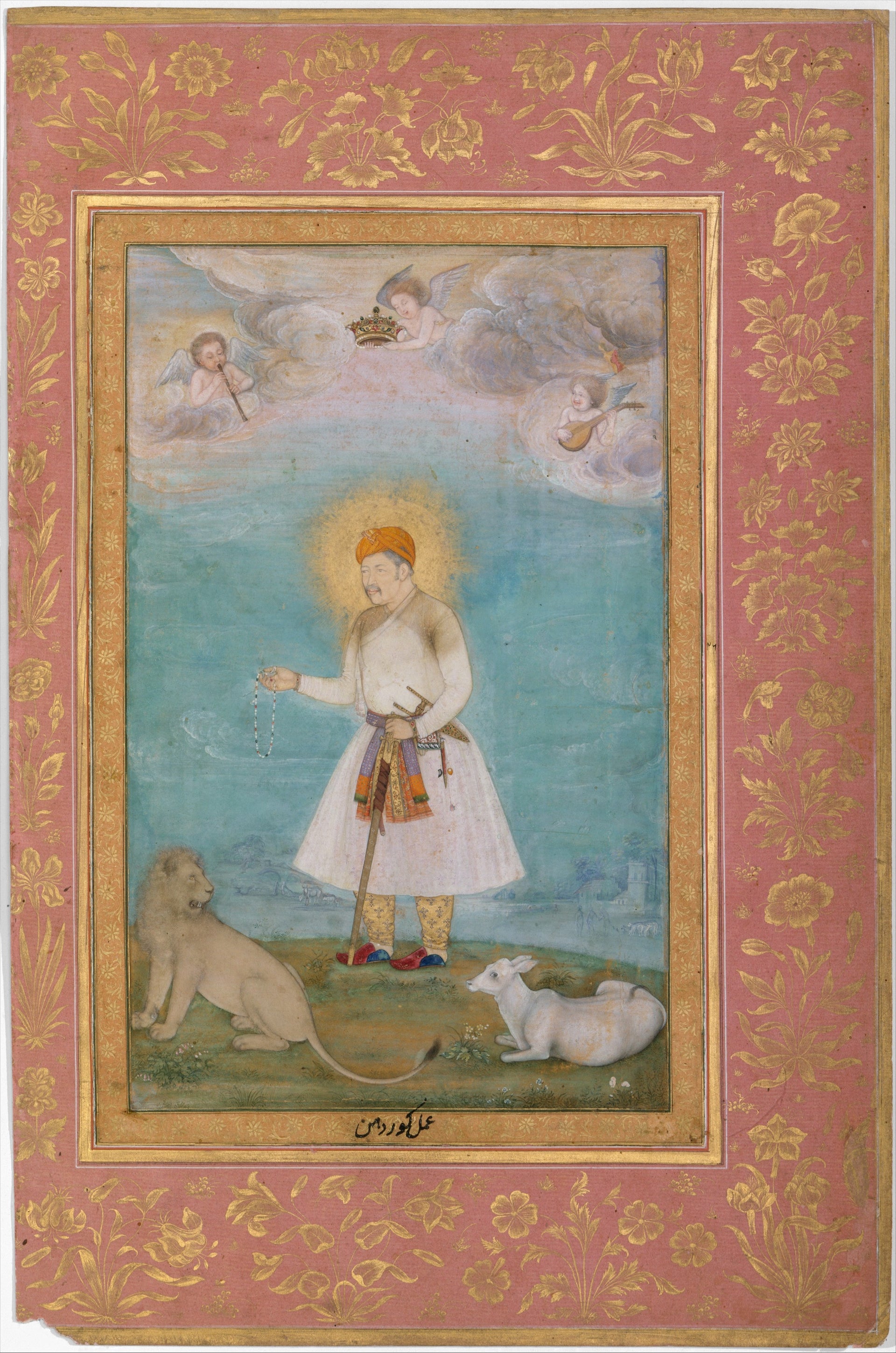 Govardhan, "Akbar With Lion and Calf", Folio from the Shah Jahan Album, verso: ca. 1630; recto: ca. 1530–50, The Metropolitan Museum of Art, New York