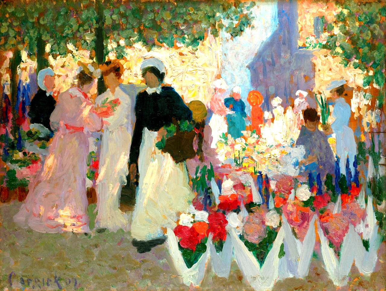 Ethel Carrick, Flower market, 1907, huile sur panneau de bois, National Gallery of Victoria