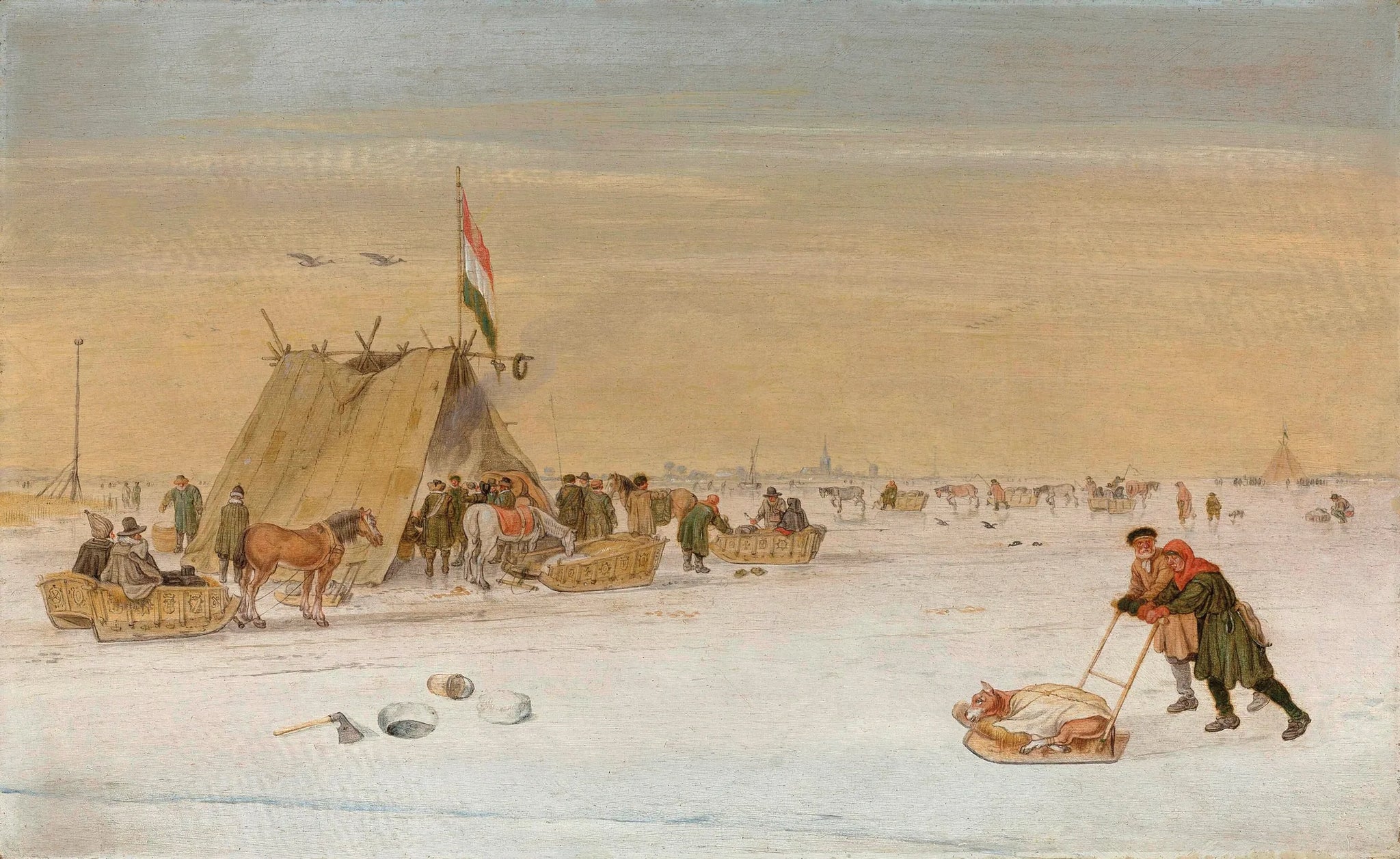 Un paysage hivernal avec des silhouettes sur la glace près d'une tente à koek-en-zopie - Hendrick Avercamp image 1 copie peinte à la main à l’huile