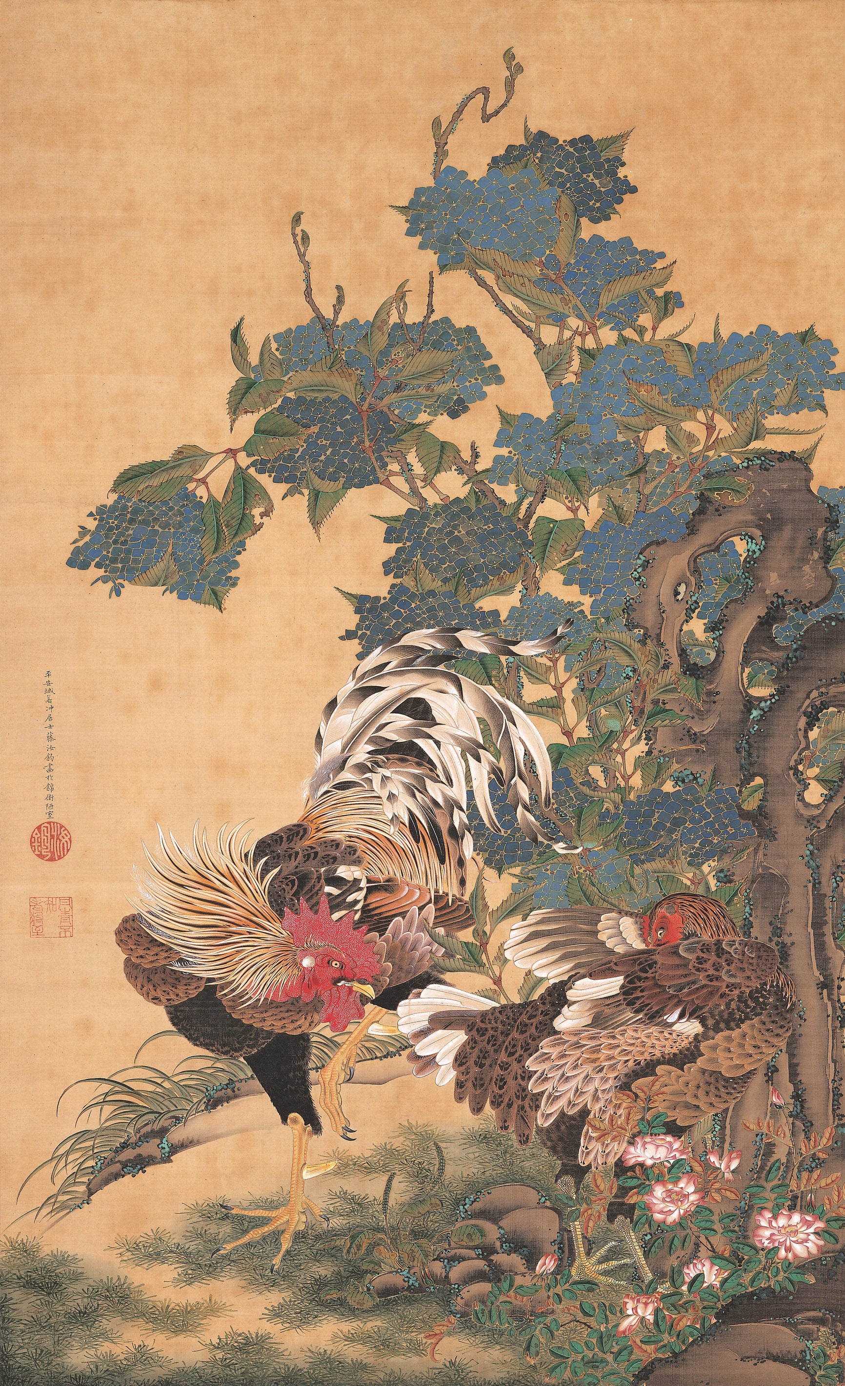 Rooster and Hen with Hydrangeas - Ito Jakuchu