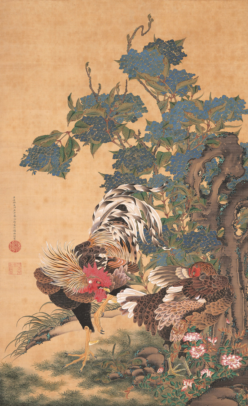 Rooster and Hen with Hydrangeas - Ito Jakuchu