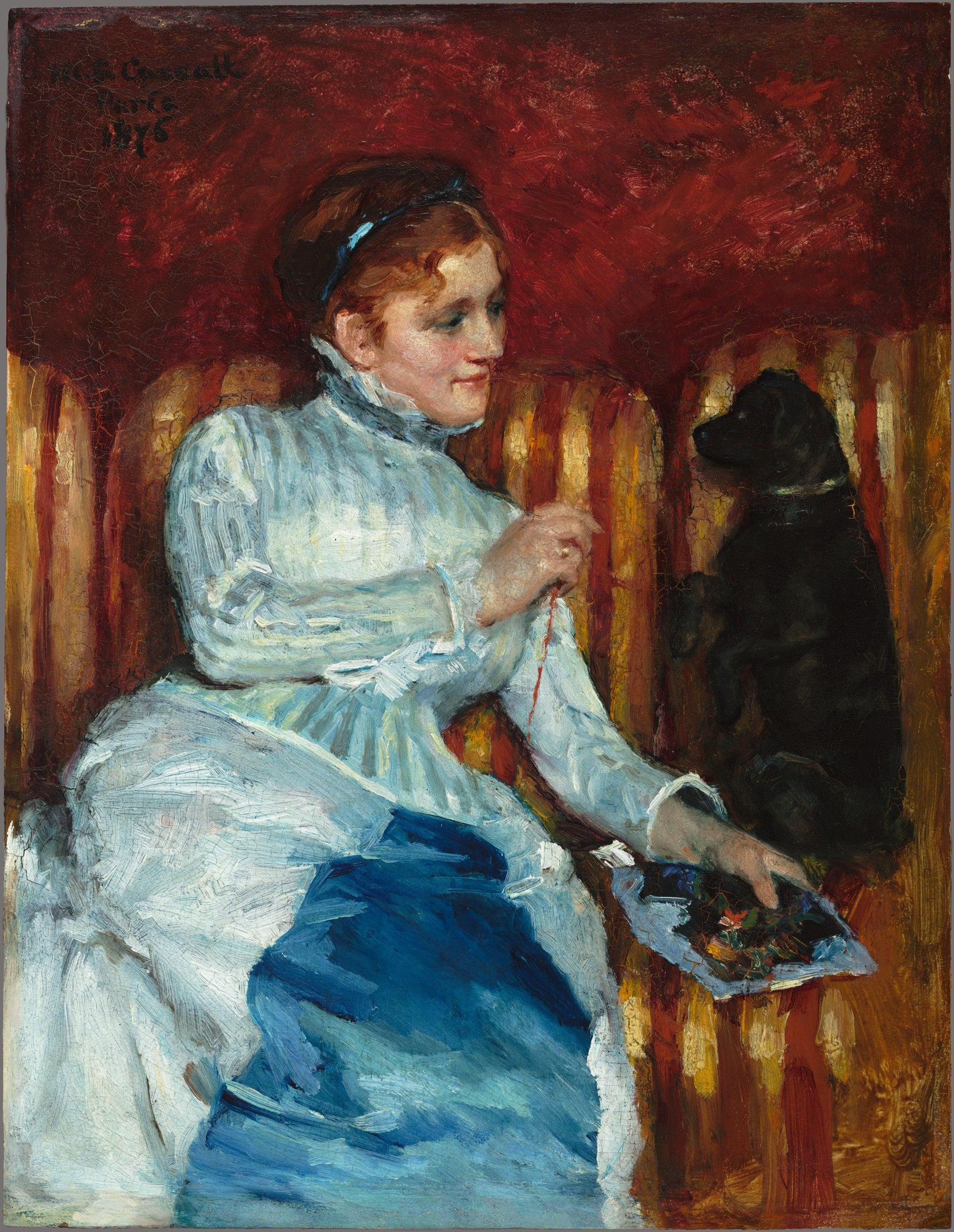 Femme au canapé rayé avec un chien, Mary Cassatt, 1876, huile sur toile
