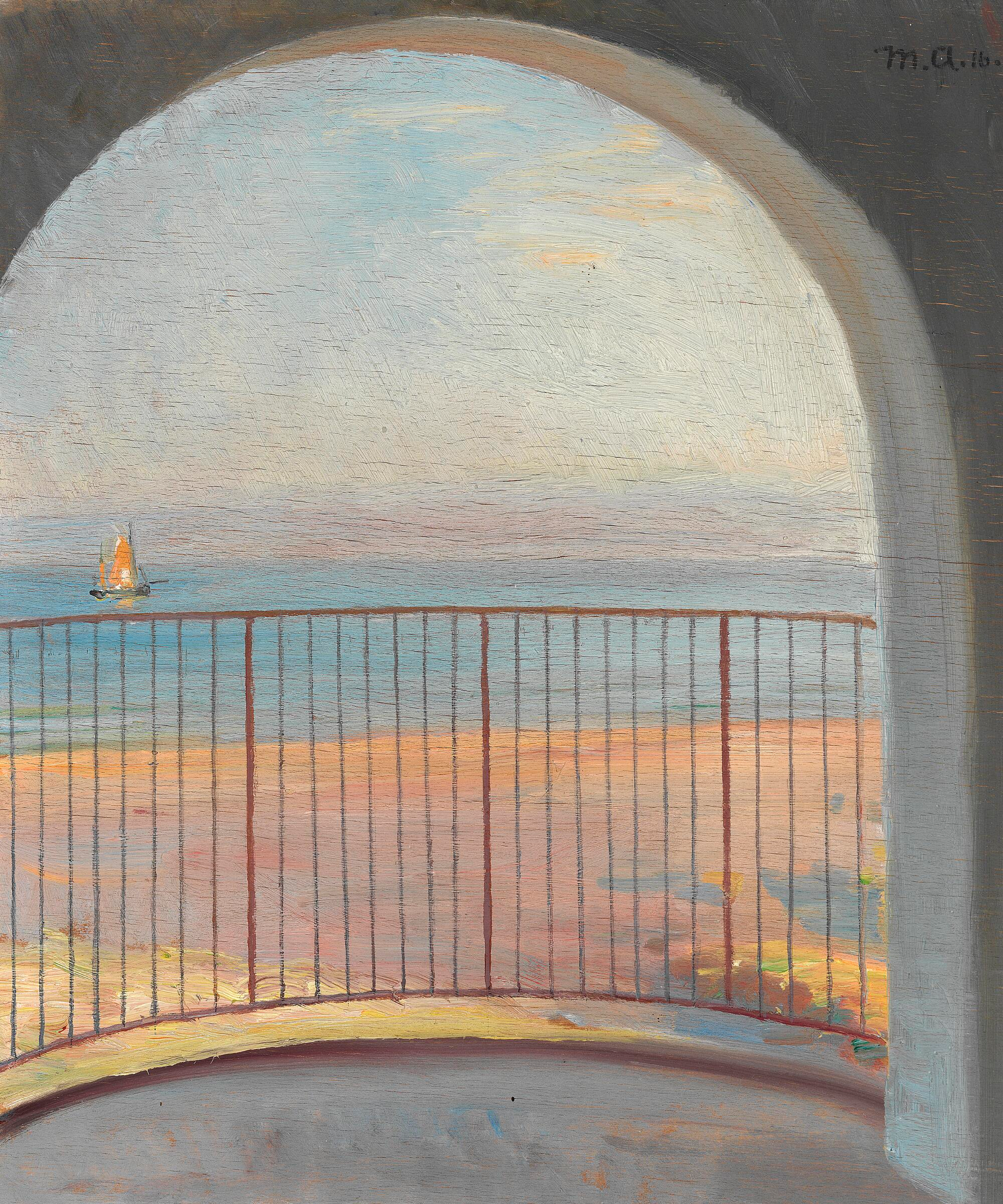 Vue sur Kattegat depuis un balcon à Admiralgården. - Michael Peter Ancher image 1 copie peinte à la main à l’huile