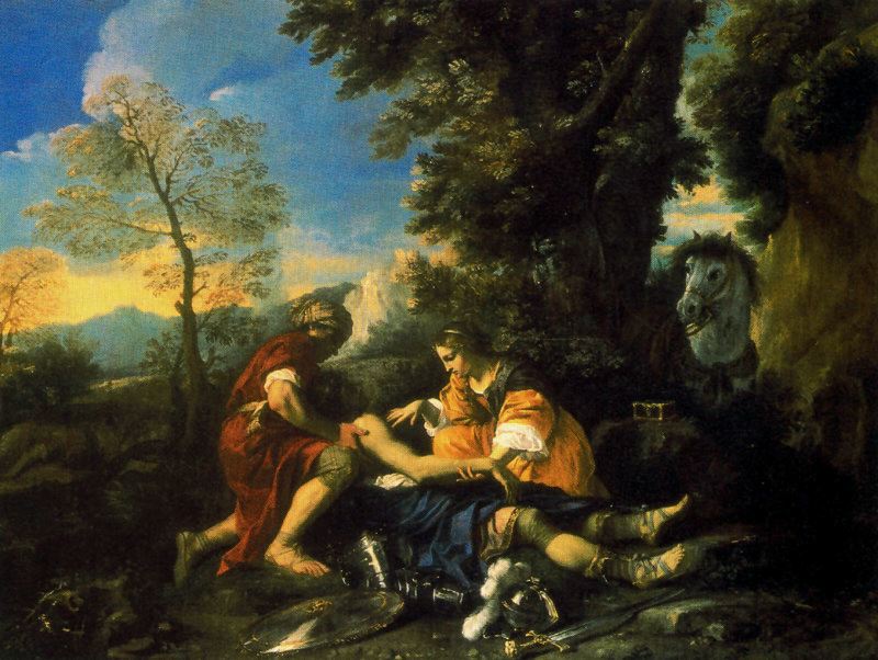 Tancrède secouru par Herminie et Vafrin après le combat d'Argante - Pier Francesco Mola image 1 copie peinte à la main à l’huile