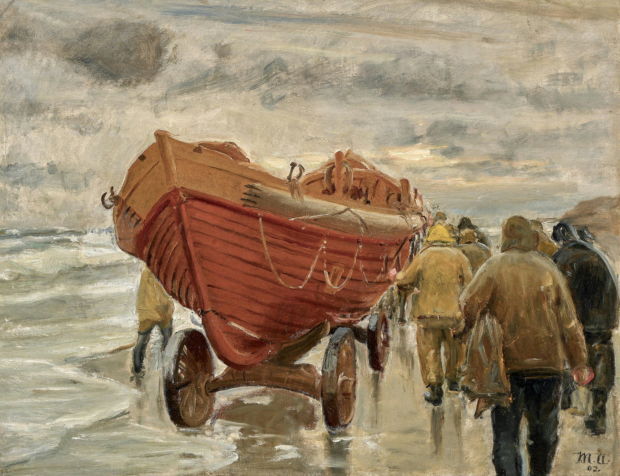 Des pêcheurs tirent un canot de sauvetage le long de la plage. - Michael Peter Ancher image 1 reproduction de peinture à l’huile