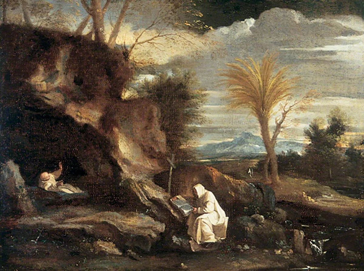 Paysage rocheux avec deux moines chartreux - Pier Francesco Mola image 1 reproduction de peinture à l’huile