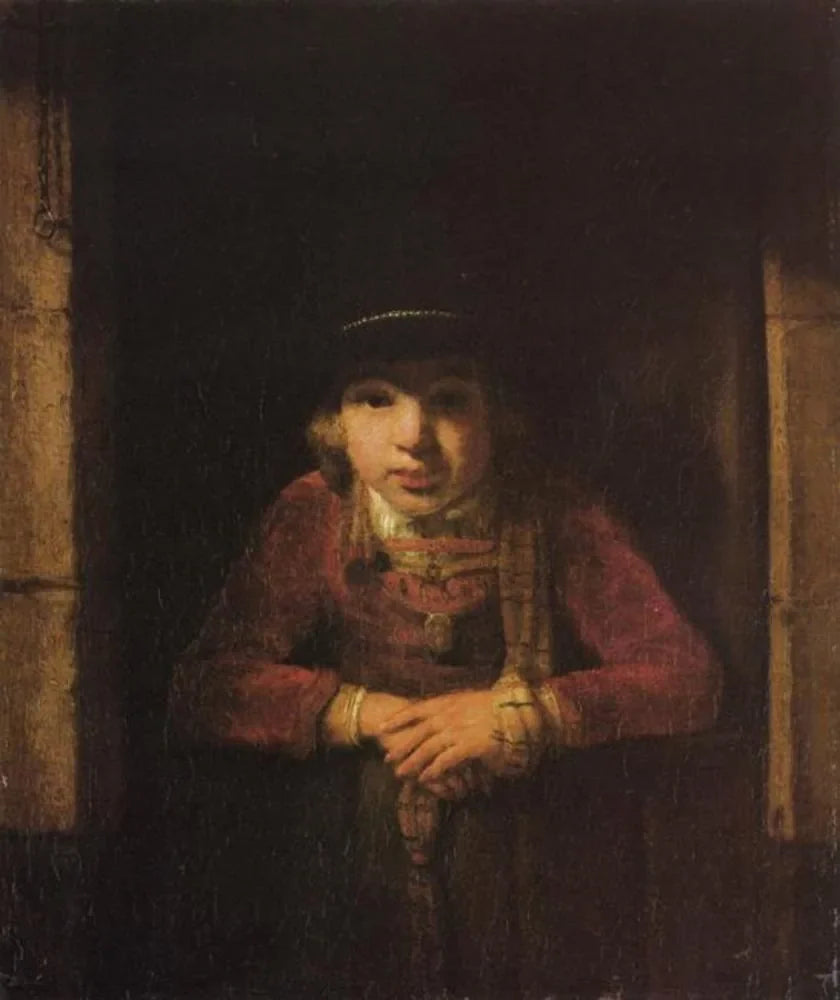 Garçon regardant par la fenêtre - Samuel van Hoogstraten image 1 reproduction artisanale de tableau