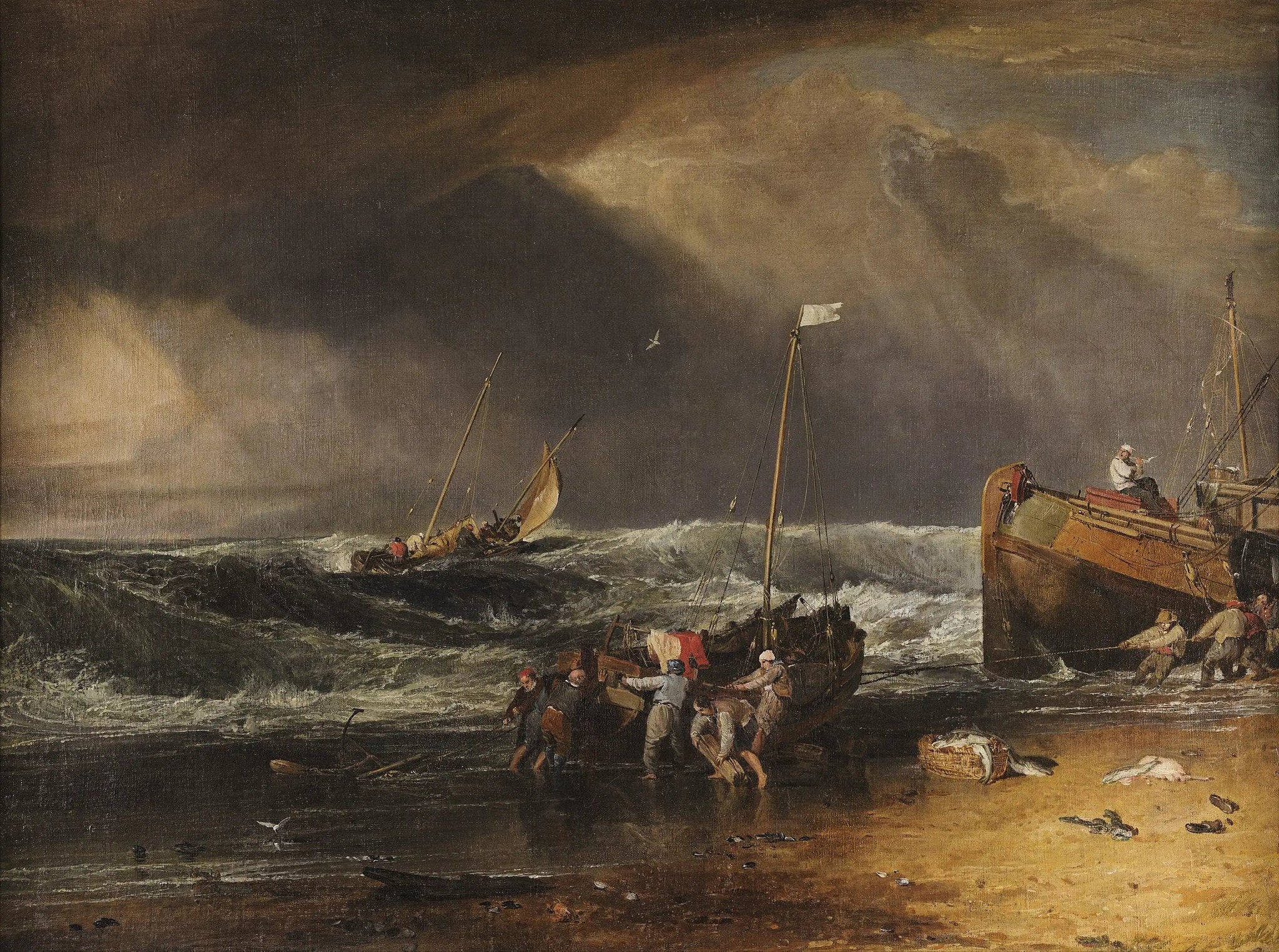 A Coast Scene with Fishermen Hauling a Boat Ashore - J. M. W. Turner image 1 reproduction de peinture à l’huile