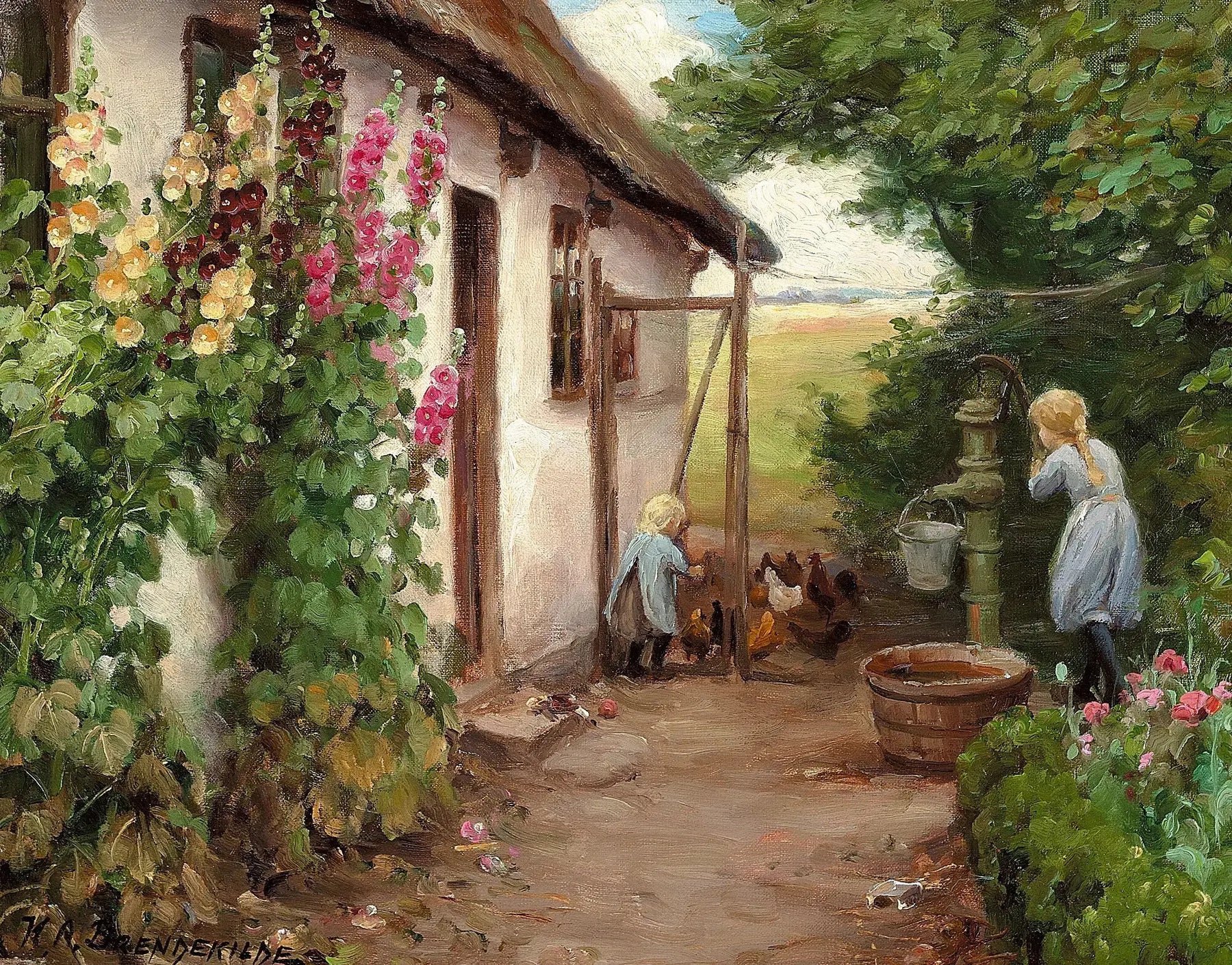A l'extérieur de la ferme. - H. A. Brendekilde image 1 copie de tableau peinte à la main