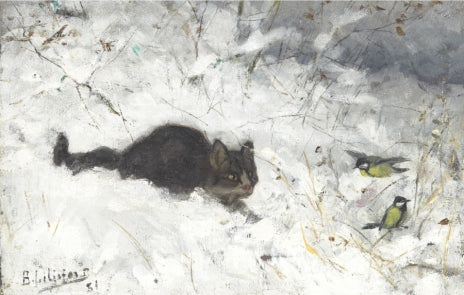 À la chasse, chat et mésanges charbonnières dans un paysage hivernal - Bruno Liljefors image 1 reproduction artisanale de tableau