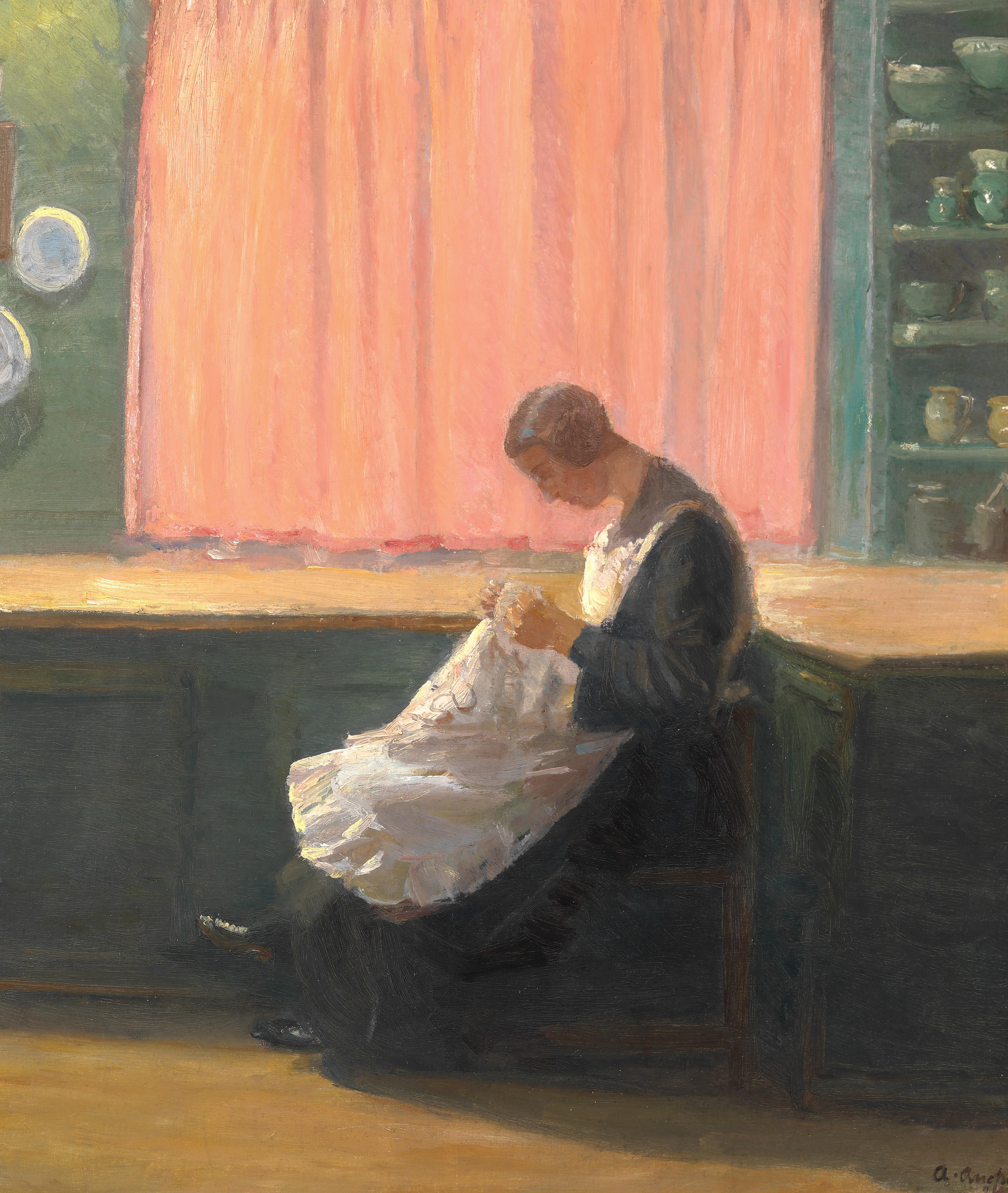 À la fin de la journée. Jeune fille cousant. - Anna Ancher image 1 reproduction artisanale de tableau