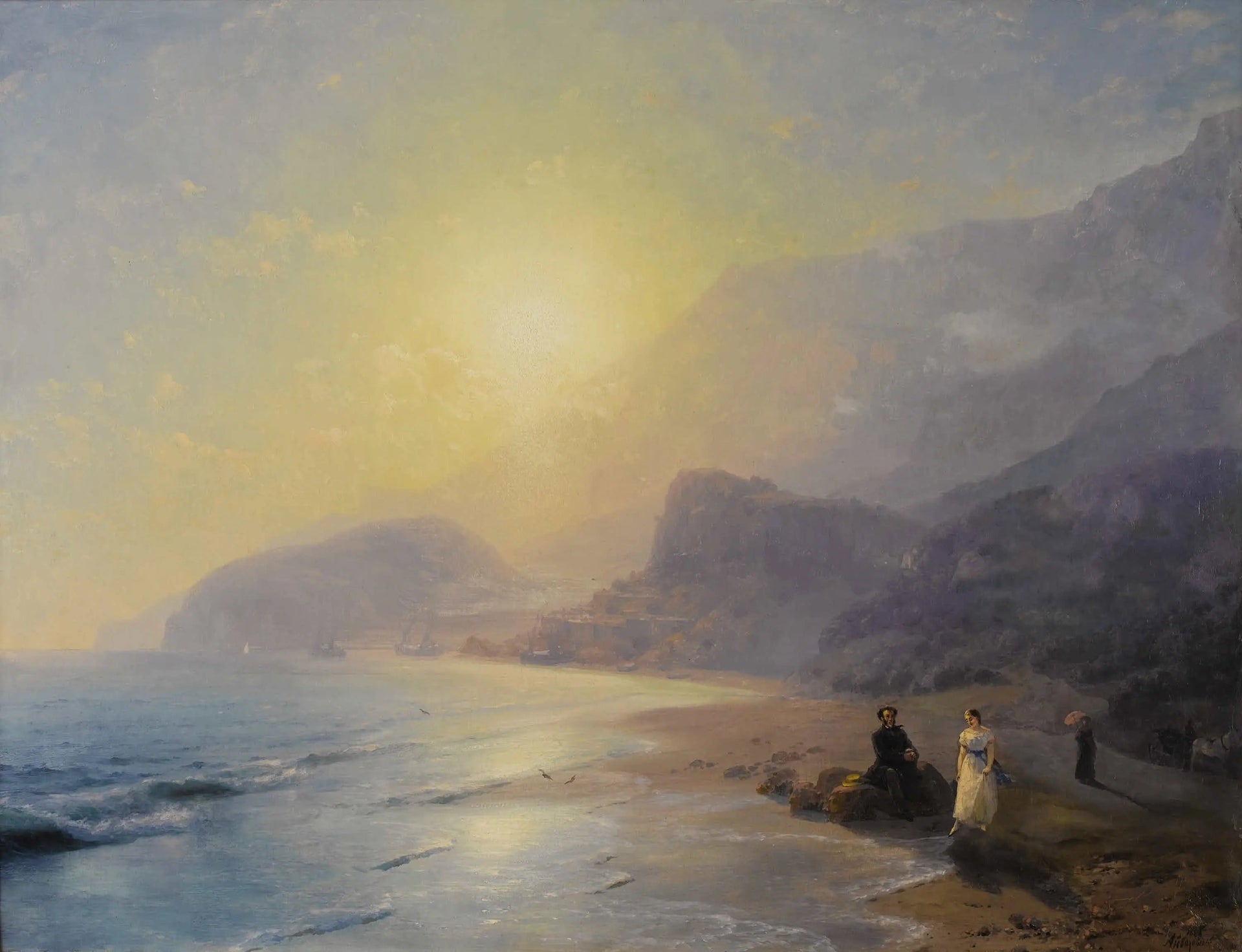 A. S. Pouchkine et la comtesse M. N. Raevskaya au bord de la mer près de Gurzuf - Ivan Aïvazovski image 1 tableau peint à l’huile sur toile