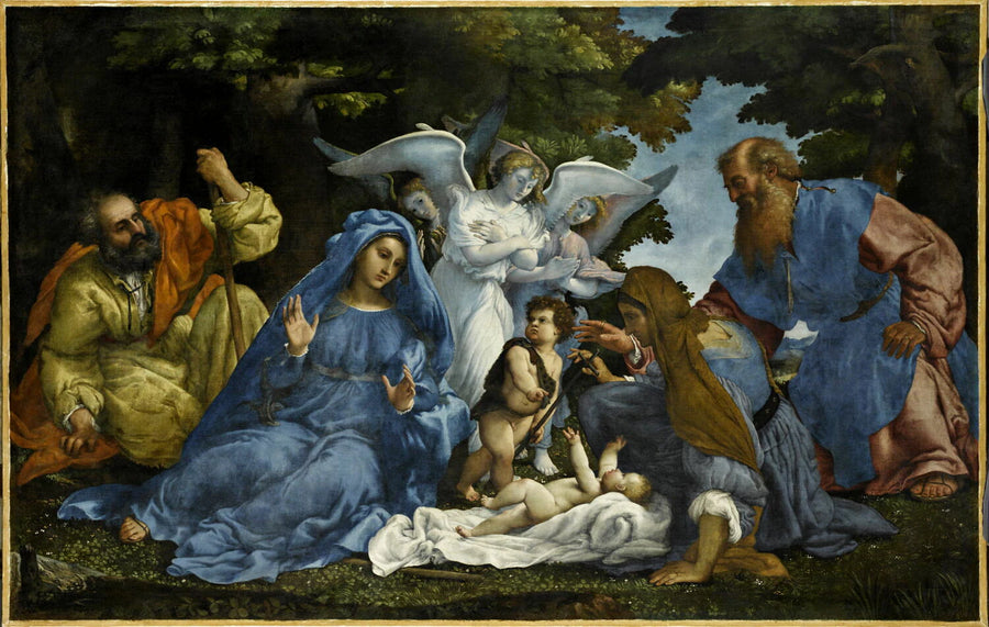L'Adoration de l'Enfant Jésus avec la Vierge, saint Joseph, le petit saint Jean Baptiste, sainte Élisabeth, saint Zacharie et trois anges ou La Reconnaissance de la nature divine du Christ - Lorenzo Lotto