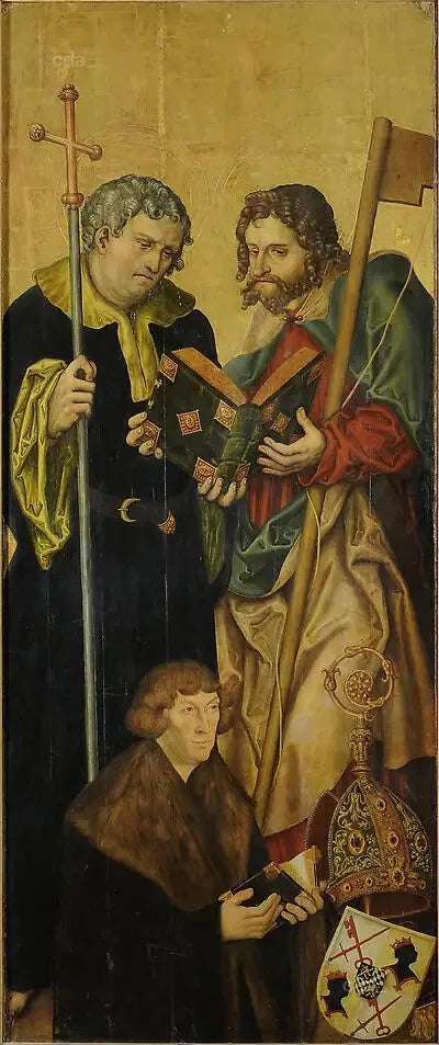 Ailes du retable du chœur ouest de la cathédrale de Naumbourg [aile gauche] : l'apôtre Philippe et Jacques le Jeune avec Philippe, comte palatin du Rhin (1480-1541), évêque de Freising (si - Lucas Cranach the Elder