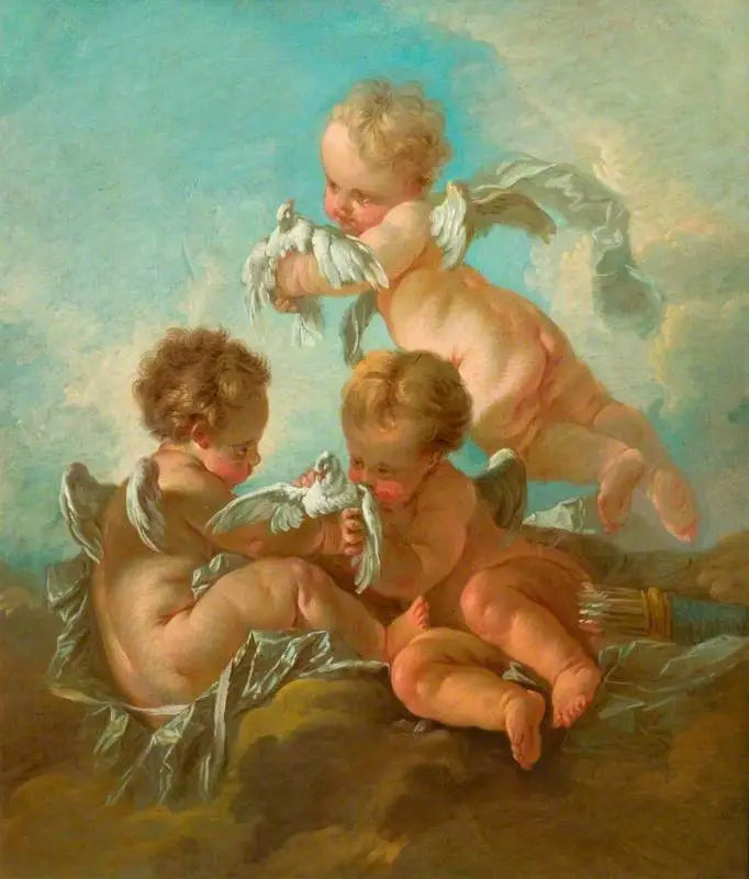 Air : Trois putti avec des oiseaux - François Boucher image 1 copie peinte à la main à l’huile