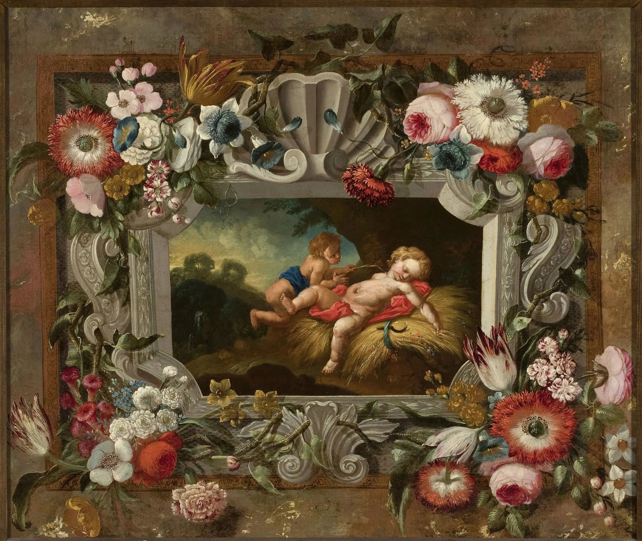 Allégorie de l'été dans un cercle de fleurs - François Boucher image 1 copie de tableau peinte à la main