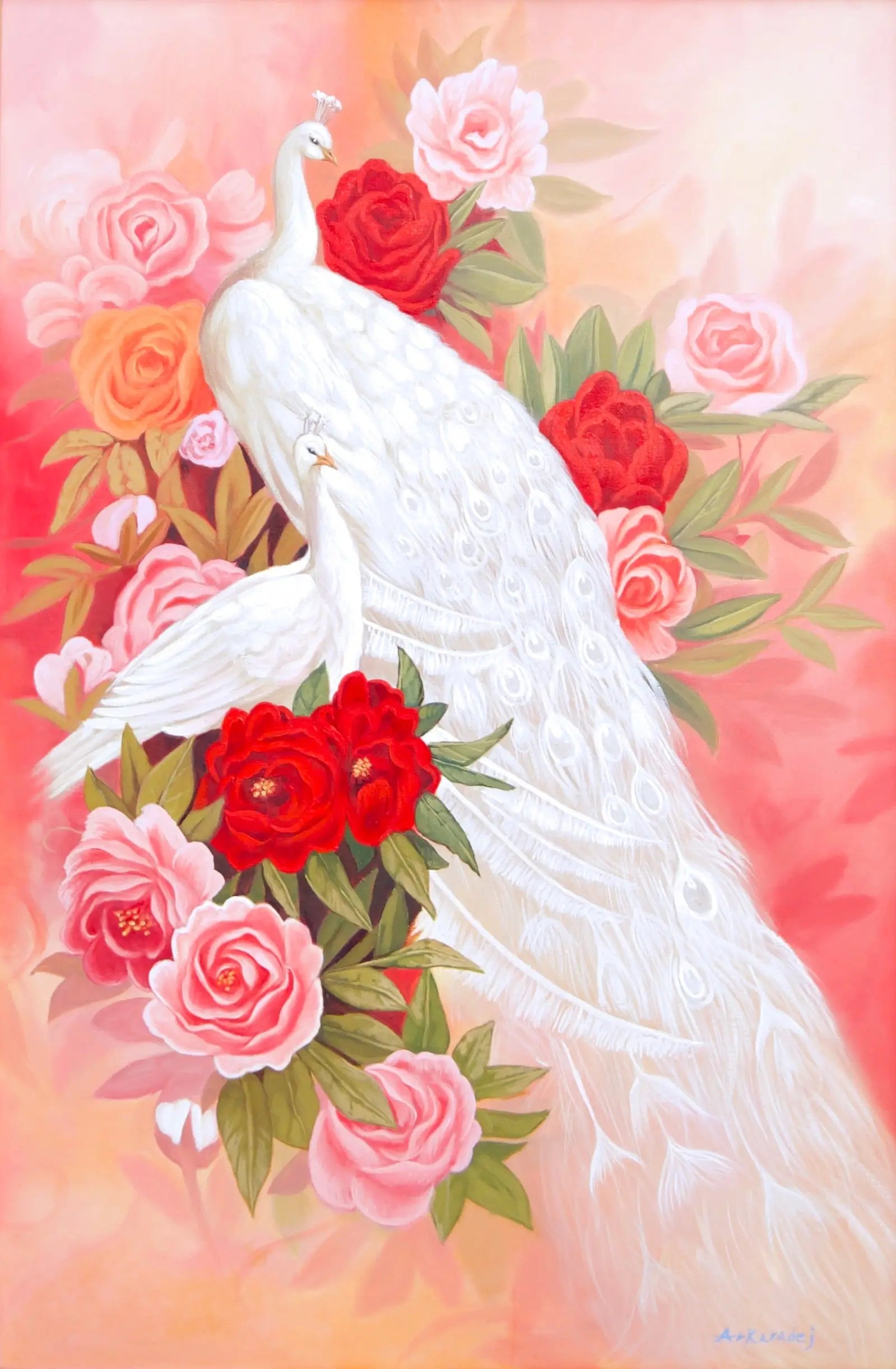 Amour et Paon Blanc | 60 x 90 cm image 1 copie peinte à la main à l’huile
