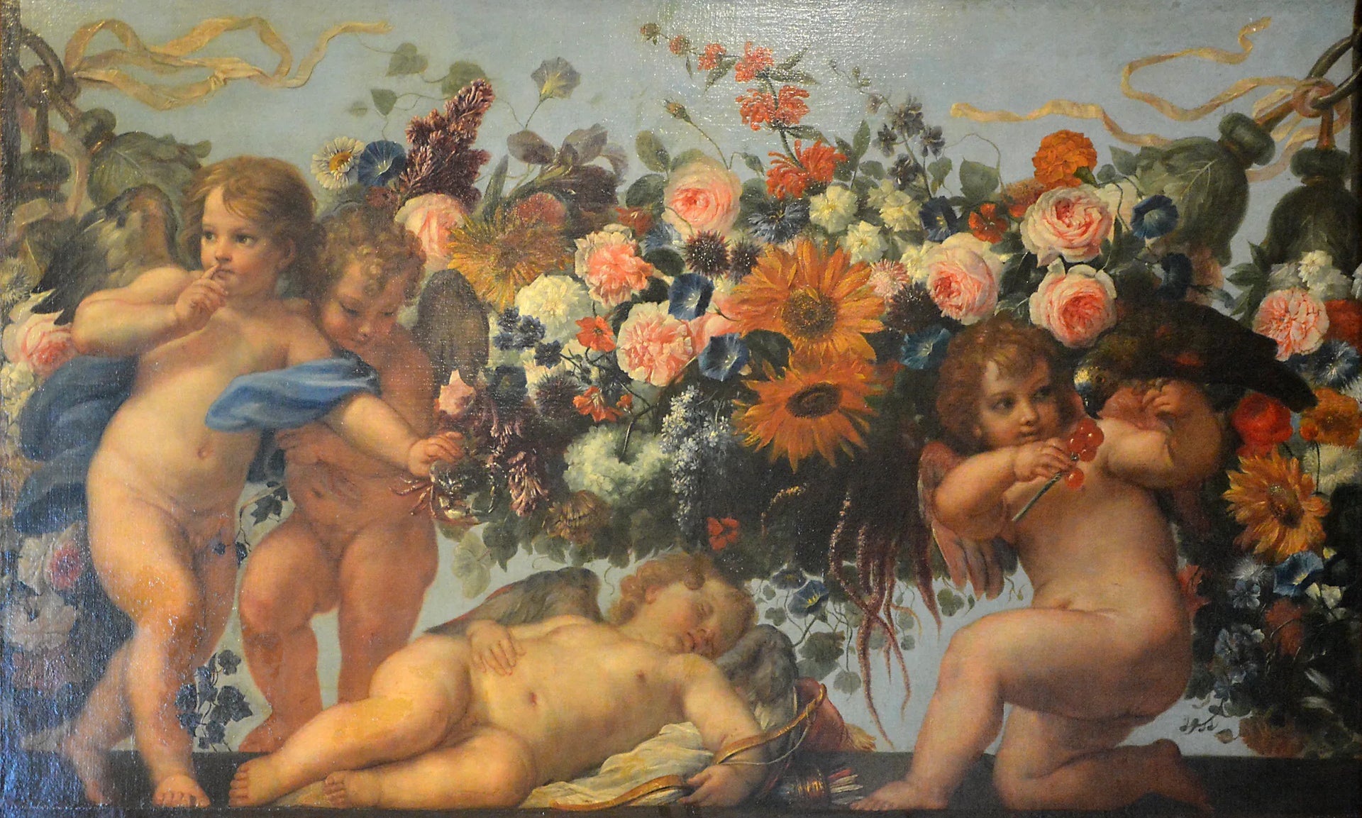 Amours et guirlande de fleurs avec un perroquet - Carlo Maratta image 1 reproduction de peinture à l’huile