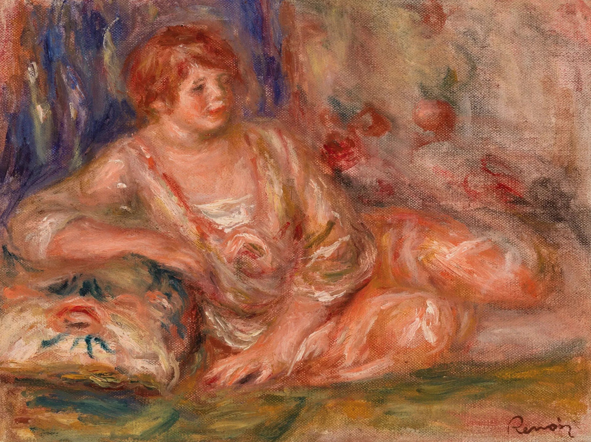 Andrée en rose, allongée (Andrée en rose étendue) - Pierre-Auguste Renoir image 1 copie peinte à la main à l’huile