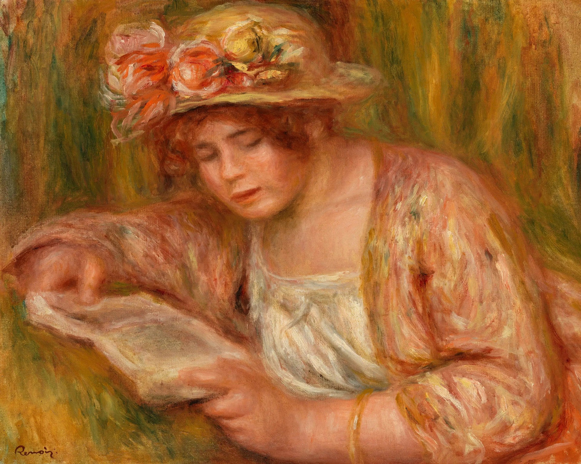 Andrée in a Hat, Reading (Andrée en chapeau, lisant) - Pierre-Auguste Renoir image 1 copie de tableau peinte à la main