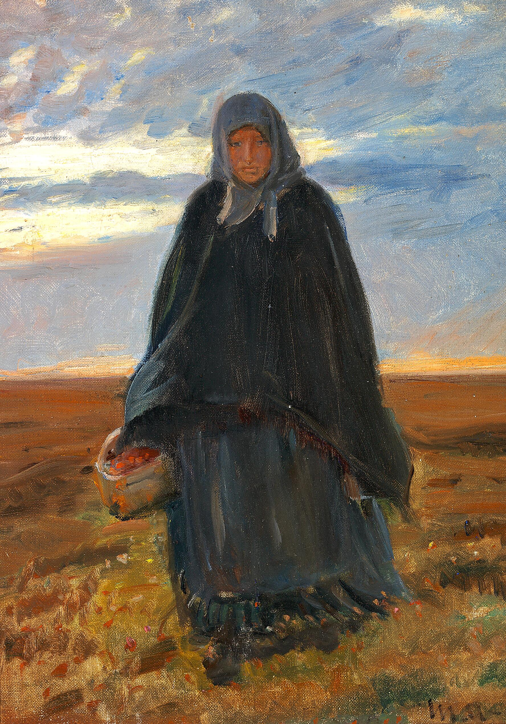 Anna Baltzer rentre chez elle avec un panier de baies. - Michael Peter Ancher image 1 reproduction artisanale de tableau