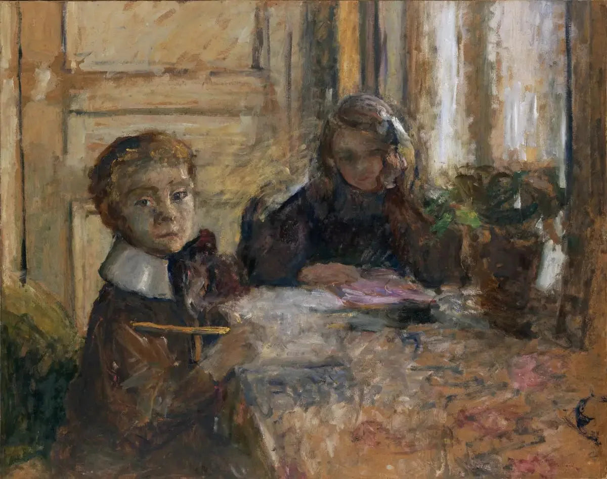 Annette et Jacques Roussel faisant leur devoir - Édouard Vuillard image 1 copie peinte à la main à l’huile