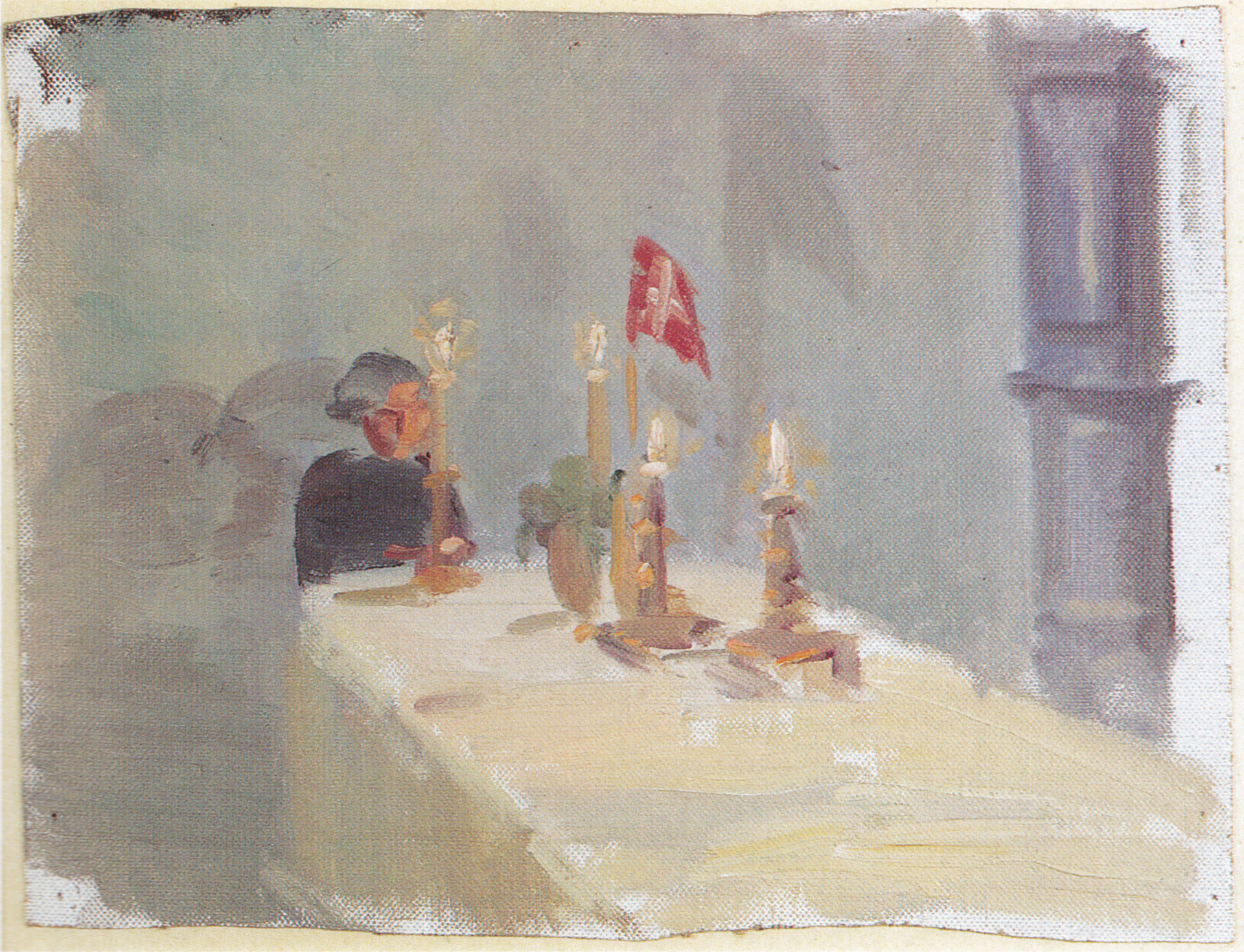 Anniversaire. Une femme au bout d'une table avec des bougies et un drapeau. - Anna Ancher image 1 tableau peint à l’huile sur toile