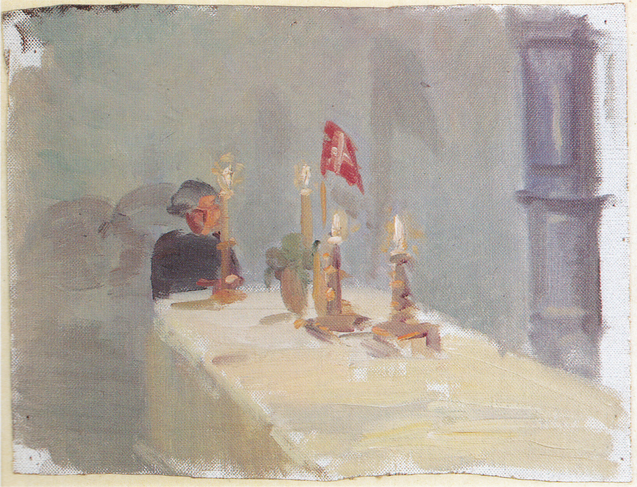 Anniversaire. Une femme au bout d'une table avec des bougies et un drapeau. - Anna Ancher image 1 tableau peint à l’huile sur toile