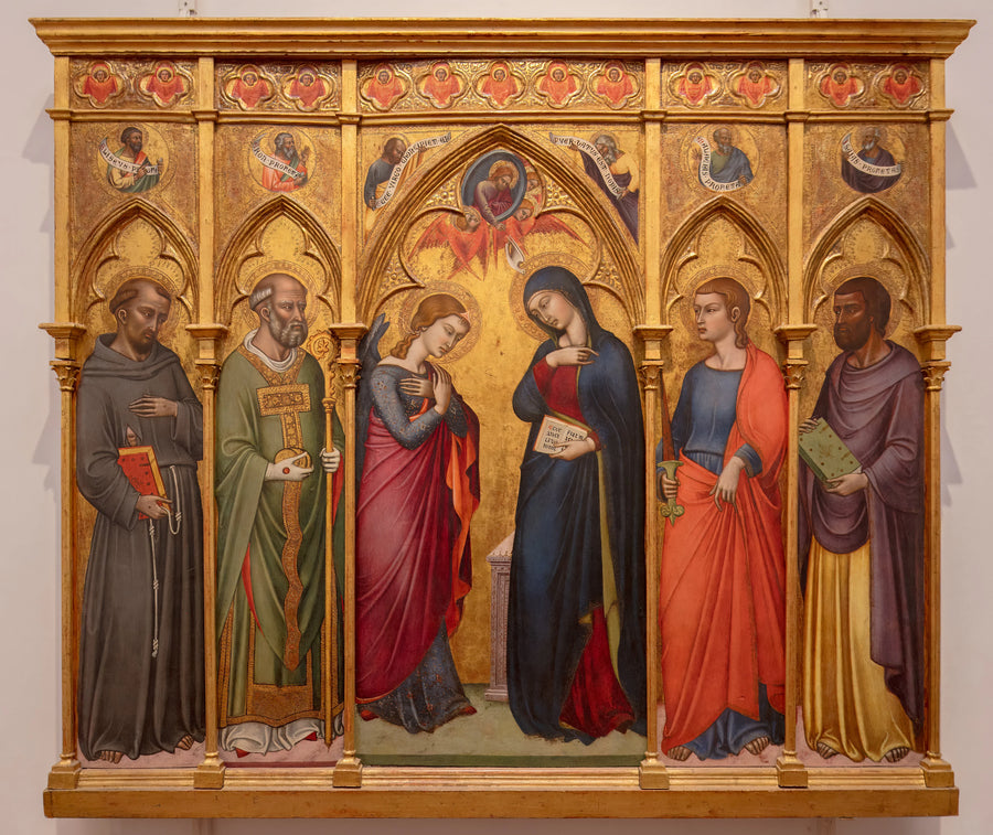 L'Annonciation avec saint François, saint Nicolas, saint Thomas et saint Jean l'Évangéliste - Luca di Tommè