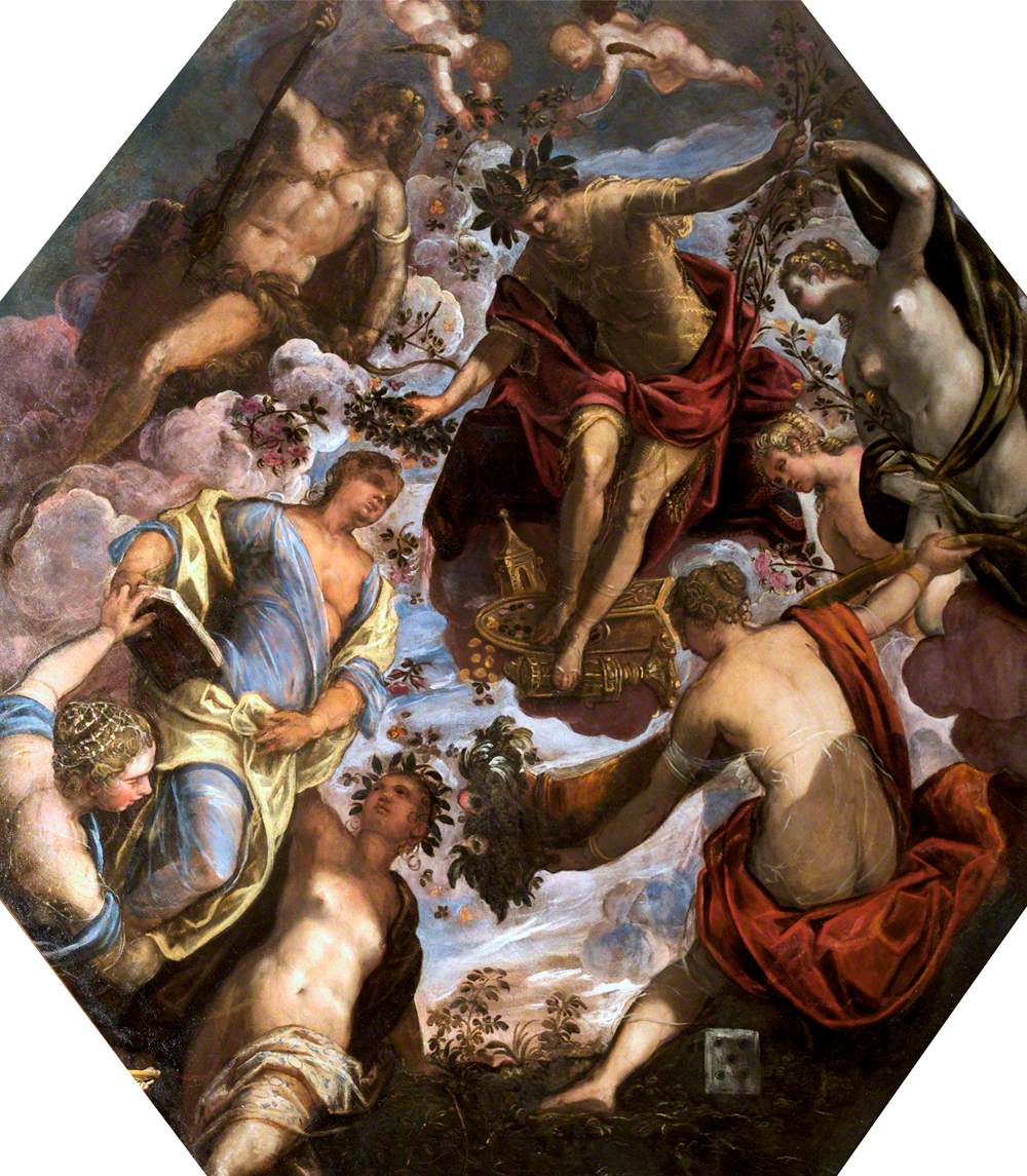 Apollon couronnant un poète, en présence d'Hercule et de quatre autres femmes. - Jacopo Tintoretto image 1 tableau peint à l’huile sur toile