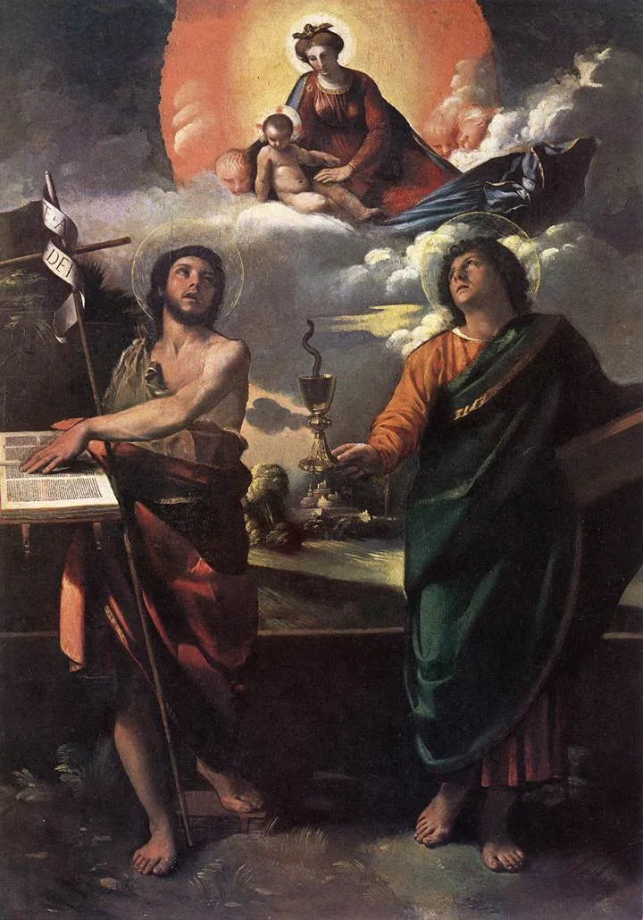 Apparition de la Vierge à l'Enfant aux saints Jean le Baptiste et l'Évangéliste - Dosso Dossi image 1 tableau peint à l’huile sur toile
