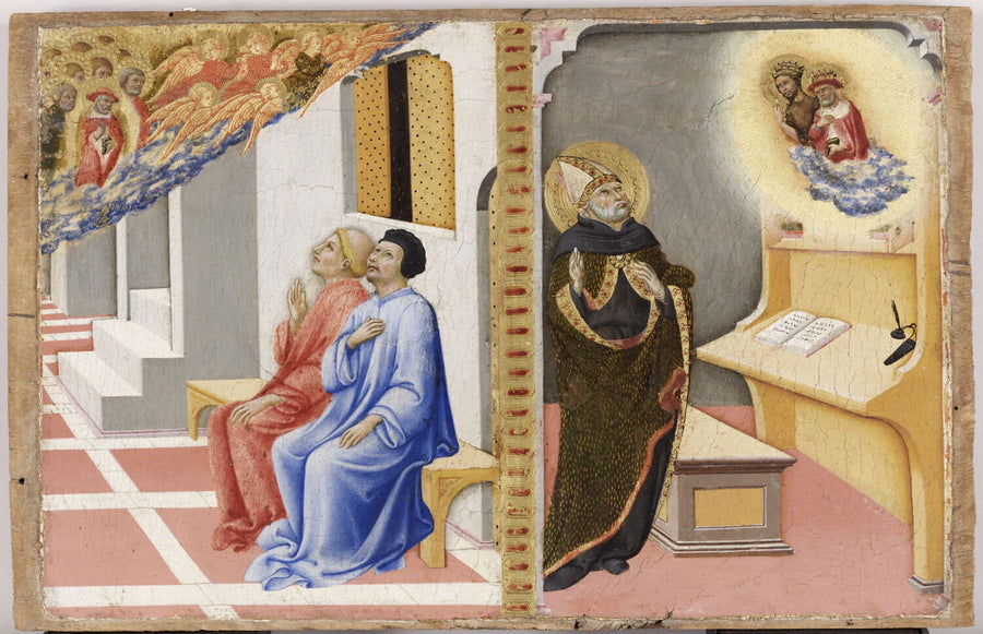 L'Apparition de saint Jérôme, entouré d'anges et de saints, à Sulpice Sévère et un compagnon, puis, aux côtés de saint Jean Baptiste, à saint Augustin - Sano di Pietro