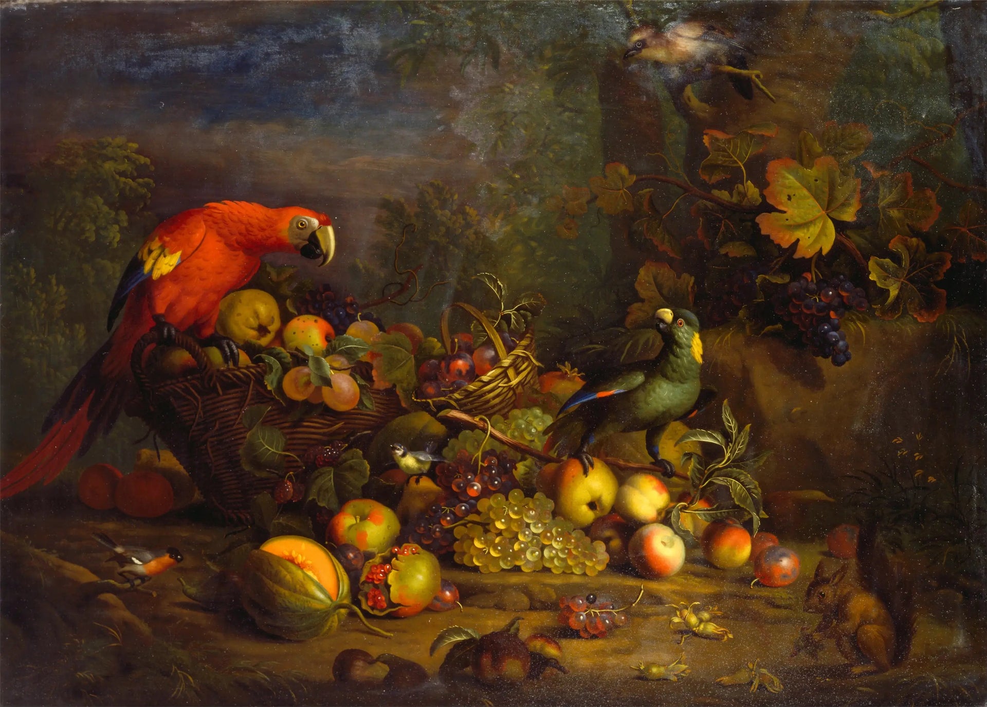 Ara rouge, Amazone à nuque jaune, Bouvreuil pivoine, Mésange bleue, Geai des chênes et Écureuil roux avec des fruits - Tobias Stranover image 1 copie peinte à la main à l’huile