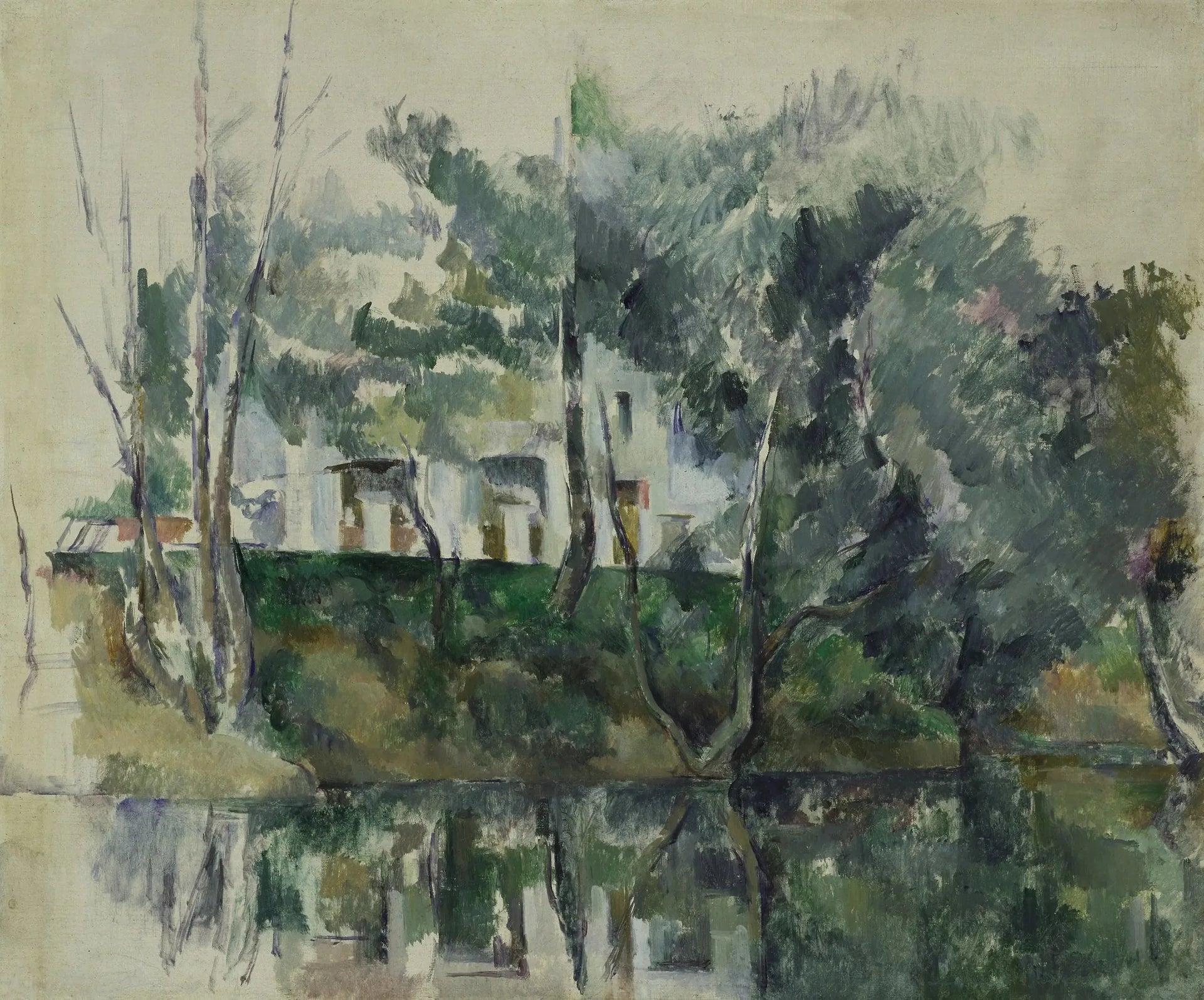 Arbres et maisons au bord de l'eau - Paul Cézanne image 1 copie peinte à la main à l’huile