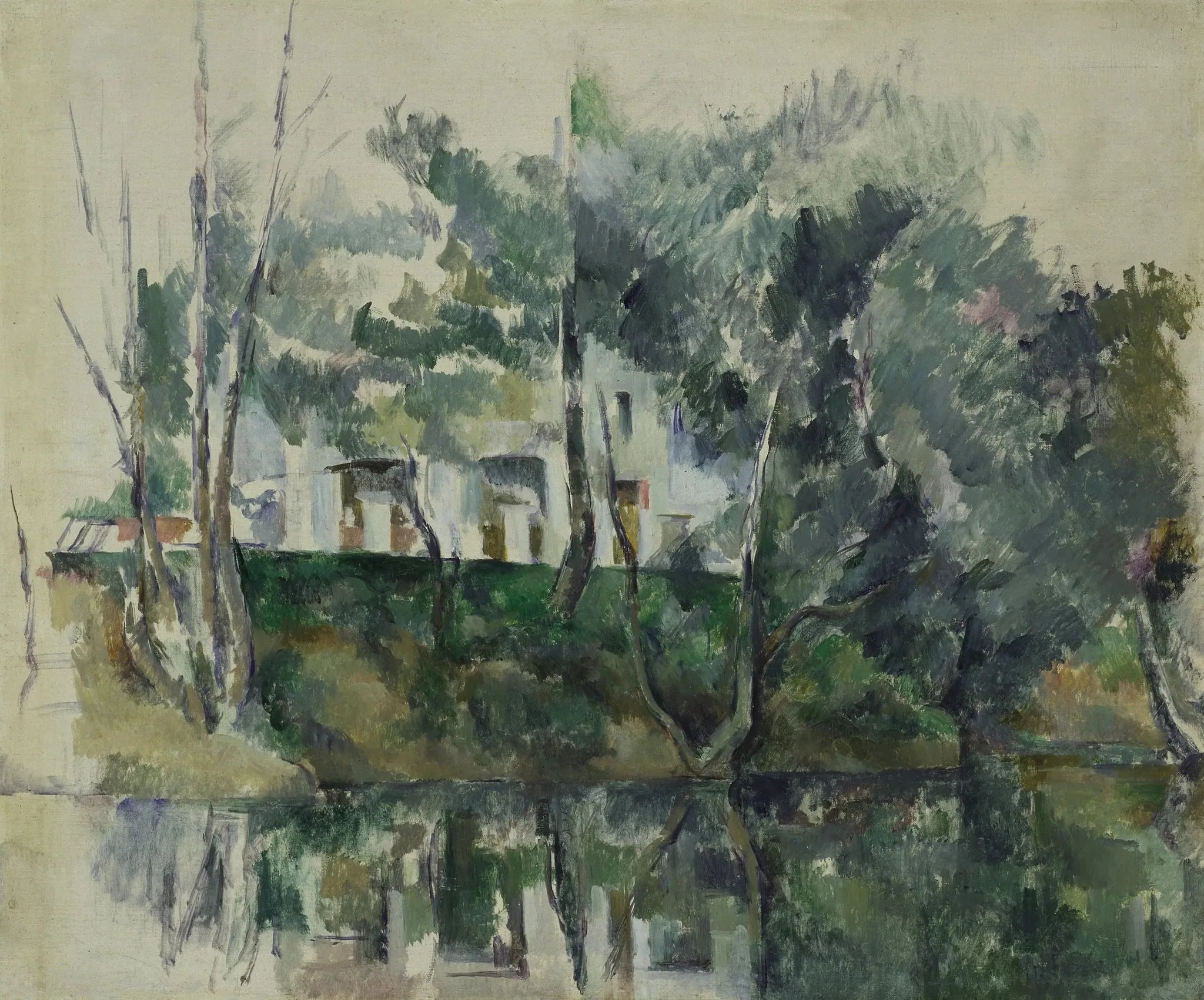 Arbres et maisons au bord de l'eau - Paul Cézanne image 1 copie peinte à la main à l’huile