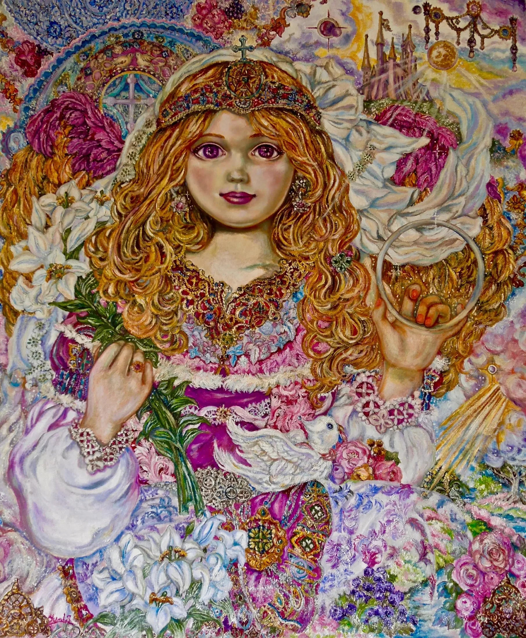 Archangel Gabriel holding a lily flower - Yumi Sugai image 1 copie de tableau peinte à la main