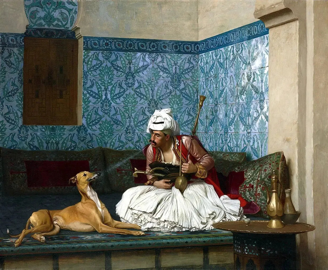 Arnaut souffle de la fumée sur le nez de son chien - Jean-Léon Gérôme image 1 copie de tableau peinte à la main