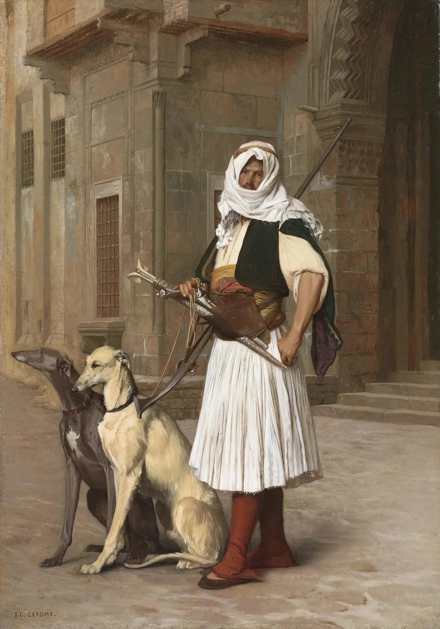 Arnaute avec deux chiens whippets - Jean-Léon Gérôme image 1 tableau peint à l’huile sur toile