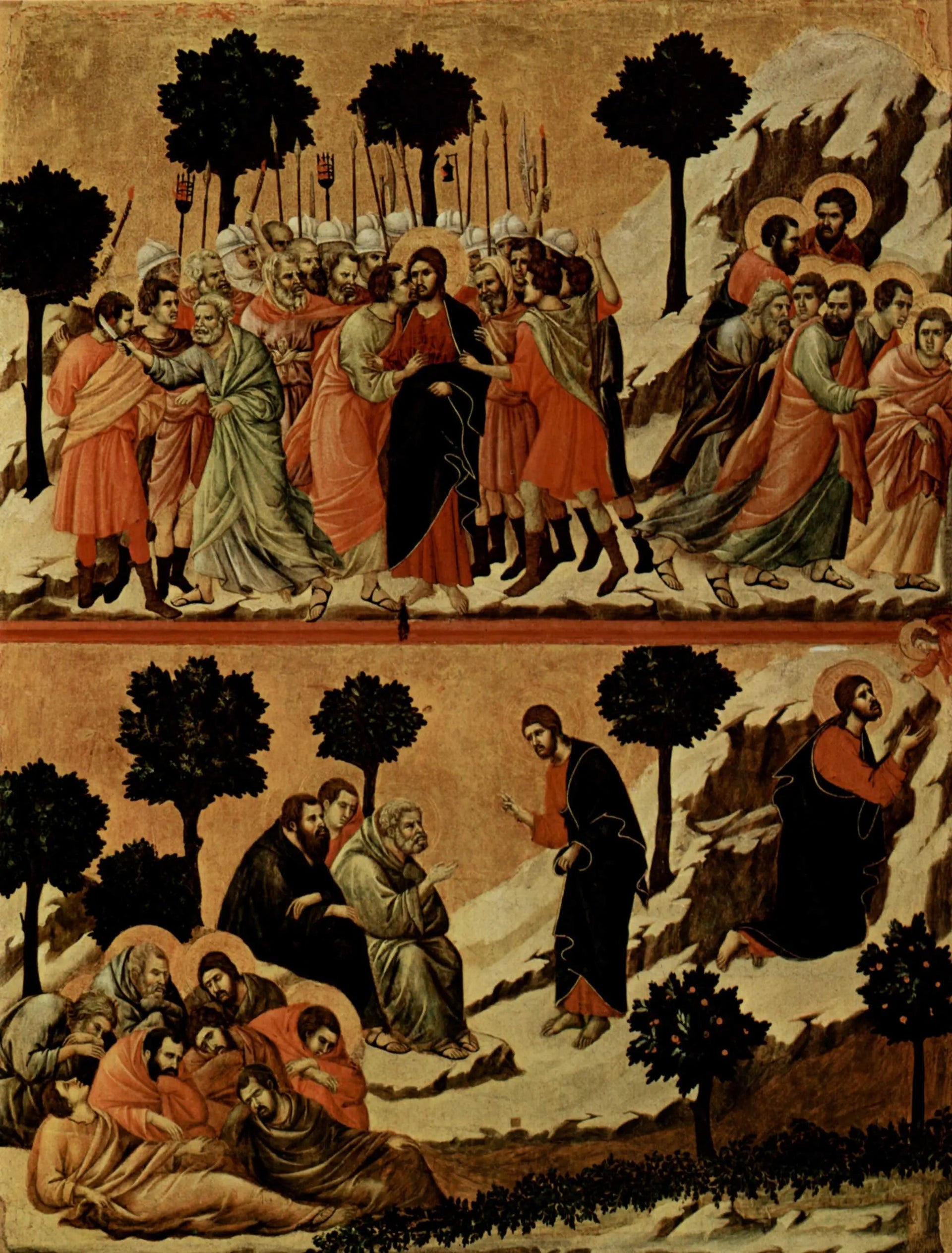 Arrestation de Jésus (en haut) ; Agonie dans le jardin (en bas) - Duccio di Buoninsegna image 1 copie peinte à la main à l’huile