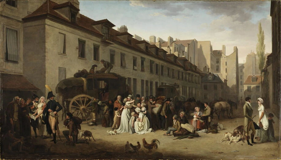 L'arrivée d'une diligence dans la cour des Messageries, rue Notre-Dame-des-Victoires, à Paris. - Louis Léopold Boilly
