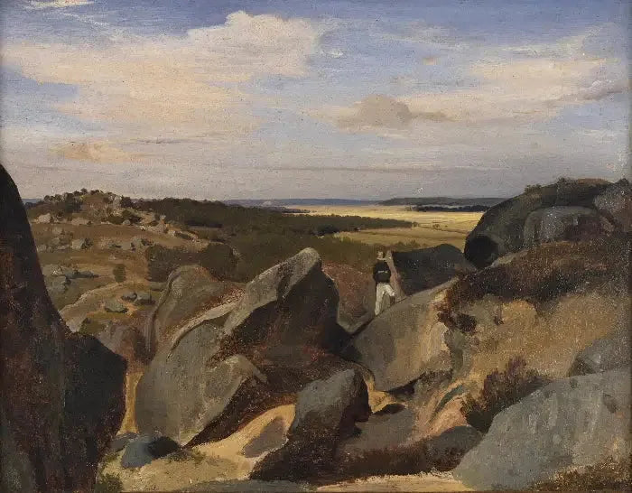 Artiste passant dans un chaos de rochers à Fontainebleau - Jean-Baptiste Camille Corot image 1 copie de tableau peinte à la main