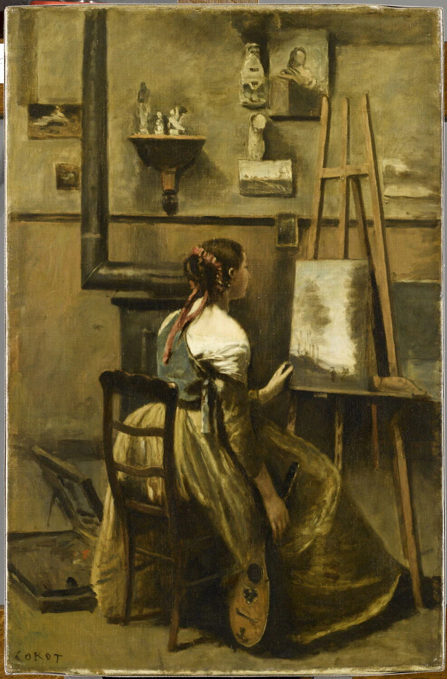 L'atelier de Corot. Jeune femme assise devant un chevalet. - Jean-Baptiste Camille Corot